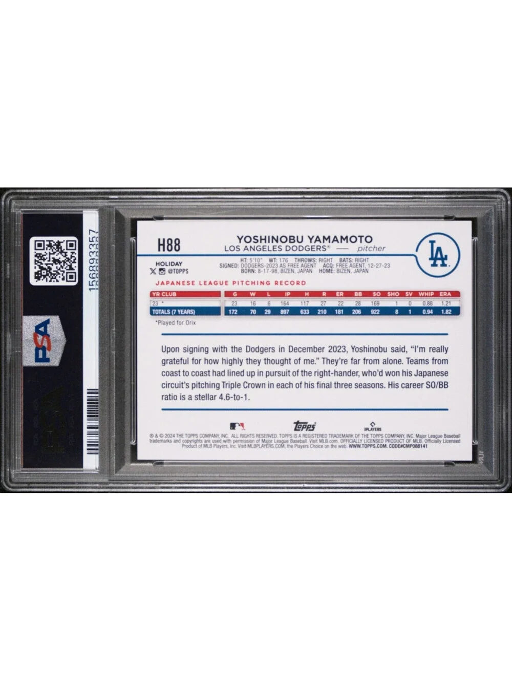 2024  Topps Holiday Silver Glitter#H88 Yoshinobu Yamamoto Rookie (RC) PSA 9